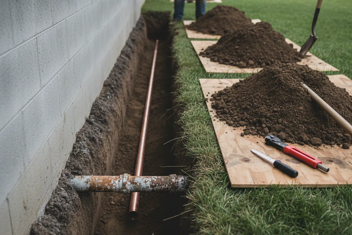 Excavated water line trench during Water Softener Installation in Gallant